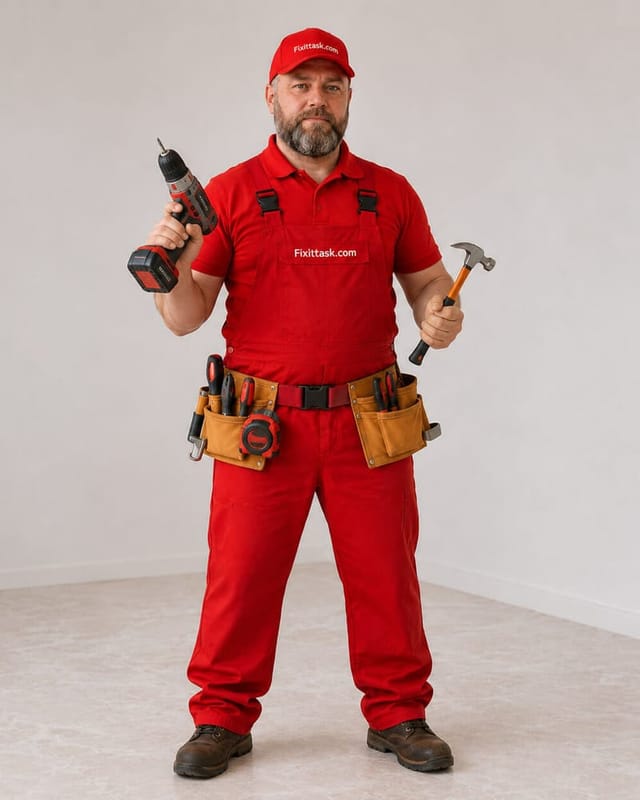FixitTask handyman in red uniform with drill and hammer